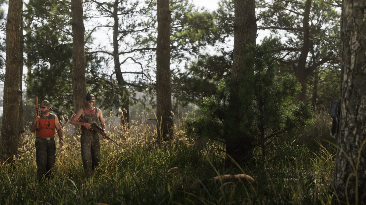 Dos personajes con rifles caminan entre hierba alta en un pinar del parque nacional de Mount Kalaga, a contraluz